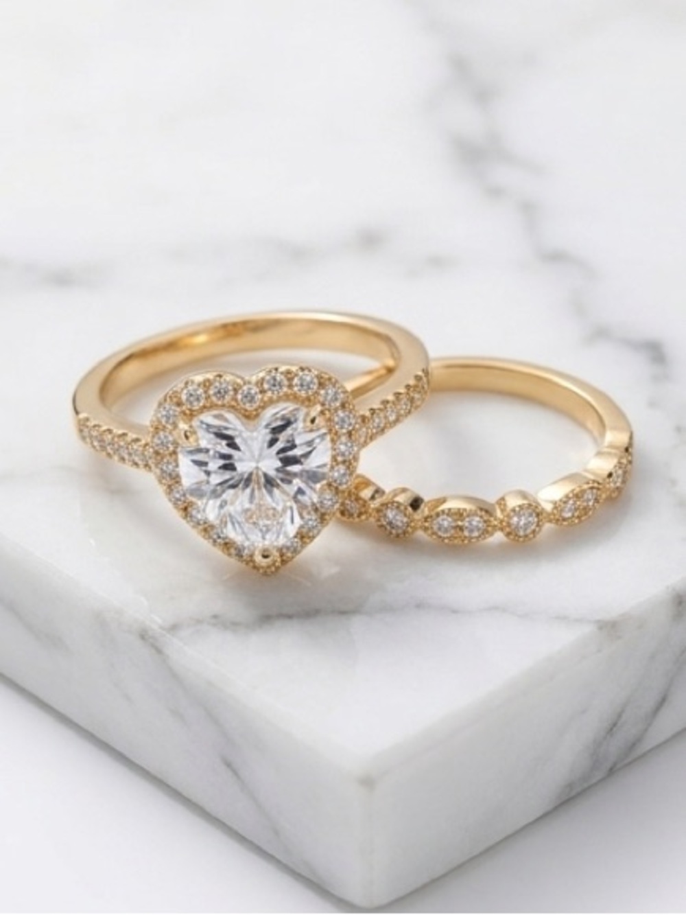Gold tone Heart Halo Engagement Ring with Diamond Accent Band Set
